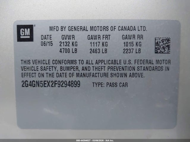 44394027 :رقم المزاد ، 2G4GN5EX2F9294899 vin ، 2015 Buick Regal Turbo/e-assist Premium I مزاد بيع