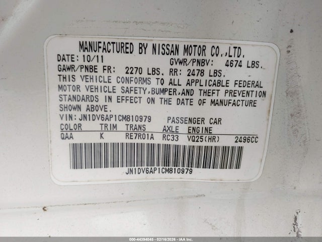 Auction sale of the 2012 Infiniti G25 Journey, vin: JN1DV6AP1CM810979, lot number: 44394045