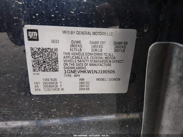1GNEVHKW1NJ190505 Chevrolet Traverse Awd Lt Leather