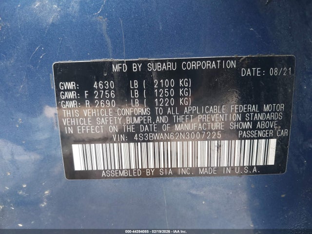 Auction sale of the 2022 Subaru Legacy Limited, vin: 4S3BWAN62N3007225, lot number: 44394085