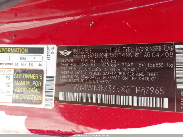 2008 MINI COOPER S CLUBMAN WMWMM335X8TP87965 Photo 8