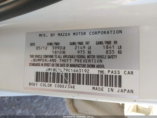44394119 :رقم المزاد ، JM1BL1L79C1663192 vin ، 2012 Mazda Mazda3 I Touring مزاد بيع