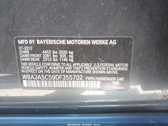 44394136 :رقم المزاد ، WBA3A5C59DF355702 vin ، 2013 Bmw 328i مزاد بيع