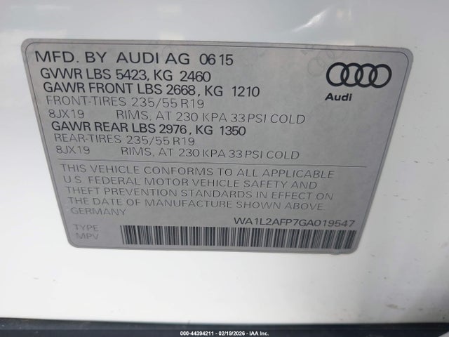 2016 Audi Q5 2.0t Premium მანქანა იყიდება აუქციონზე, vin: WA1L2AFP7GA019547, აუქციონის ნომერი: 44394211