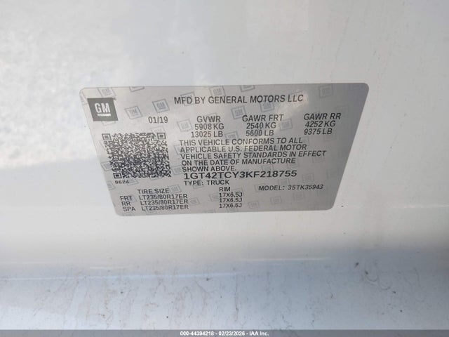 Продаж на аукціоні авто 2019 Gmc Sierra 3500hd, vin: 1GT42TCY3KF218755, номер лоту: 44394218