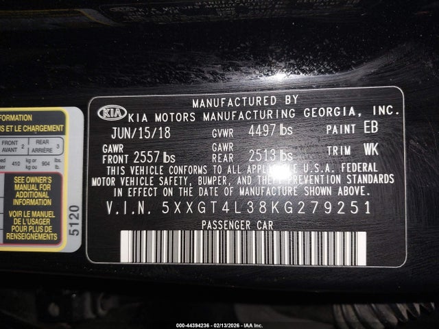 Aukcja sprzedaży 2019 Kia Optima Lx, vin: 5XXGT4L38KG279251, numer aukcji: 44394236