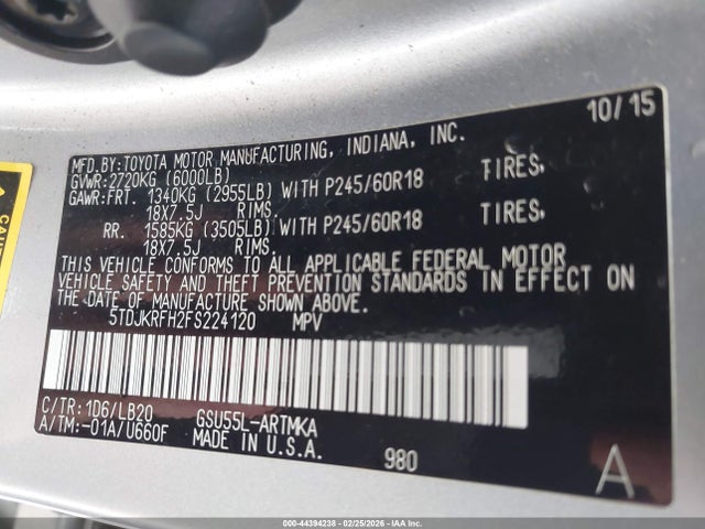 5TDJKRFH2FS224120 Toyota Highlander Xle V6