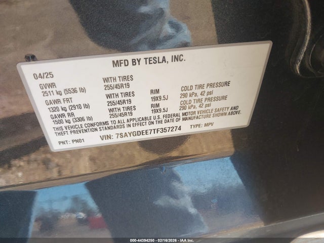 44394250 :رقم المزاد ، 7SAYGDEE7TF357274 vin ، 2026 Tesla Model Y Long Range Launch Series/premium All-wheel Drive مزاد بيع
