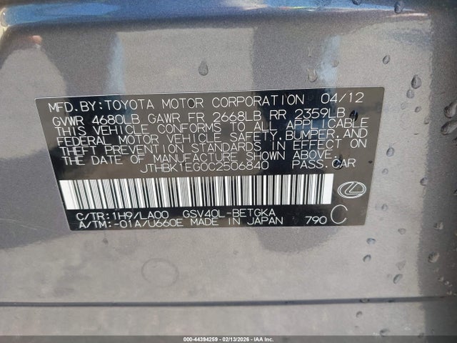 Aukcja sprzedaży 2012 Lexus Es 350, vin: JTHBK1EG0C2506840, numer aukcji: 44394259
