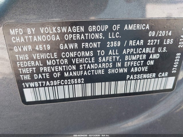 44394285 :رقم المزاد ، 1VWBT7A39FC025582 vin ، 2015 Volkswagen Passat 1.8t Se مزاد بيع