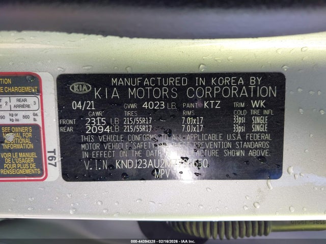 44394328 :رقم المزاد ، KNDJ23AU2M7795650 vin ، 2021 Kia Soul S مزاد بيع