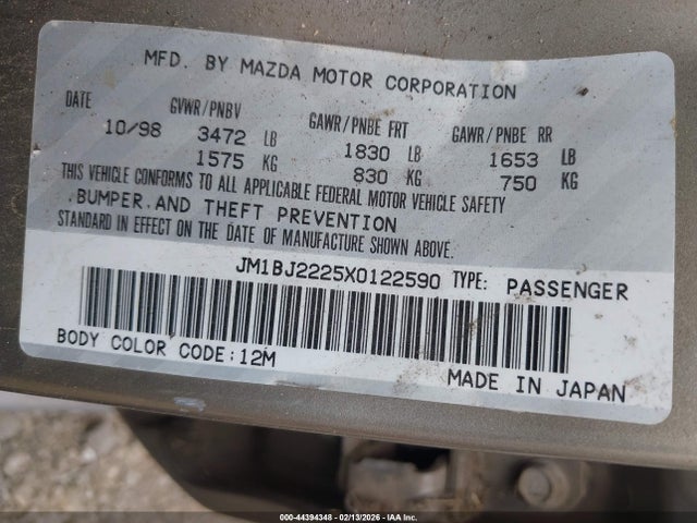 Aukcja sprzedaży 1999 Mazda Protege Dx/lx, vin: JM1BJ2225X0122590, numer aukcji: 44394348