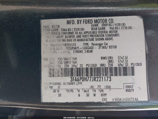 Ford FUSION SE 2018 3FA6P0H77JR221173 Image 9