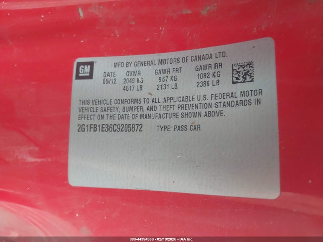 Продажа на аукционе авто 2012 Chevrolet Camaro 1lt, vin: 2G1FB1E36C9205872, номер лота: 44394360