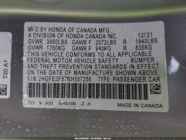 2HGFE2F57NH557258 Honda Civic Sport