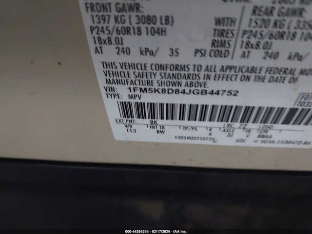 1FM5K8D84JGB44752 Ford EXPLORER XLT