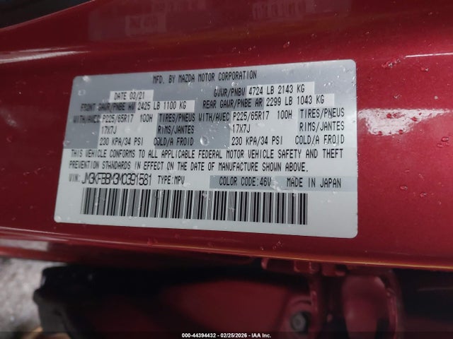 44394432 :رقم المزاد ، JM3KFBBM3M0391581 vin ، 2021 Mazda Cx-5 Sport مزاد بيع
