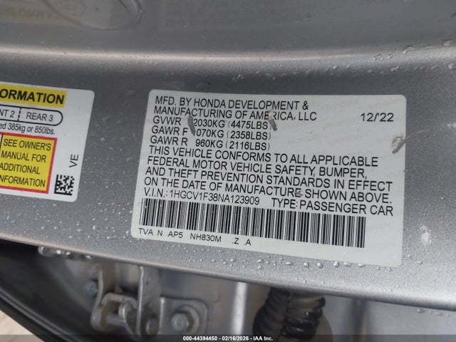 2022 HONDA ACCORD 1HGCV1F38NA123909 Photo 8