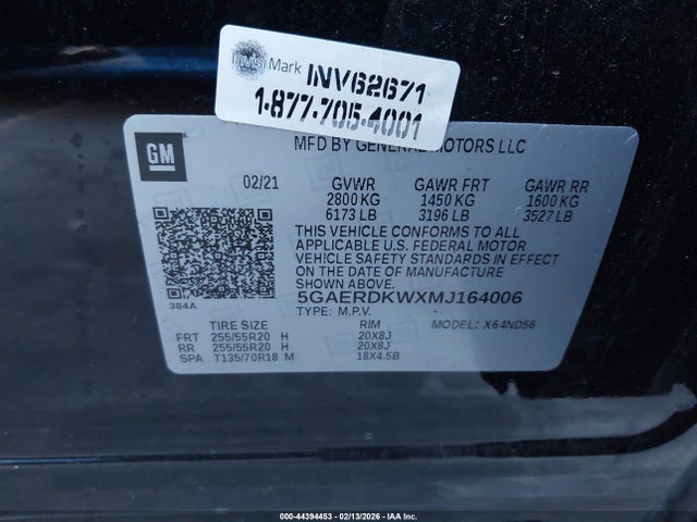 2021 Buick Enclave Fwd Avenir მანქანა იყიდება აუქციონზე, vin: 5GAERDKWXMJ164006, აუქციონის ნომერი: 44394453