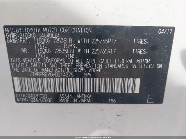 2017 Toyota Rav4 Xle მანქანა იყიდება აუქციონზე, vin: JTMRFREV0HD214375, აუქციონის ნომერი: 44394462