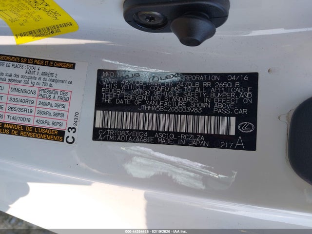 Продажа на аукционе авто 2016 Lexus Rc 200t, vin: JTHHA5BC2G5003983, номер лота: 44394466