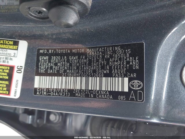 2T1BURHE0GC513668 Toyota COROLLA LE