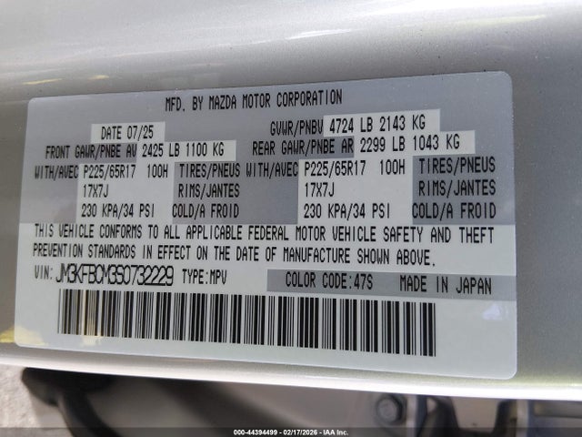 Aukcja sprzedaży 2025 Mazda Cx-5 2.5 S Preferred, vin: JM3KFBCM3S0732229, numer aukcji: 44394499