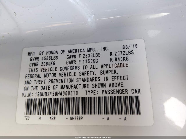 44394539 :رقم المزاد ، 19UUB2F58HA000510 vin ، 2017 Acura Tlx Technology Package مزاد بيع