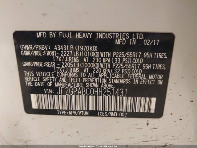 44394551 :رقم المزاد ، JF2GPABC0HH251431 vin ، 2017 Subaru Crosstrek 2.0i Premium مزاد بيع