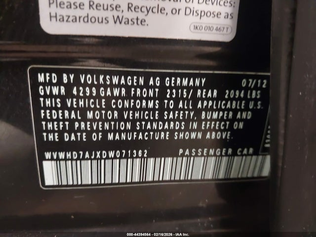 44394564 :رقم المزاد ، WVWHD7AJXDW071362 vin ، 2013 Volkswagen Gti 4-door Autobahn مزاد بيع