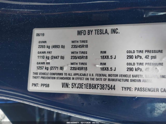2019 TESLA MODEL 3 5YJ3E1EB6KF387544 Photo 8