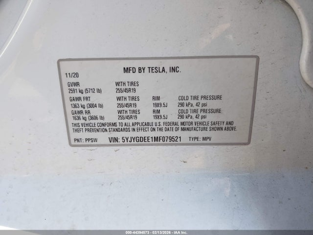 Продажа на аукционе авто 2021 Tesla Model Y Long Range Dual Motor All-wheel Drive, vin: 5YJYGDEE1MF079521, номер лота: 44394573