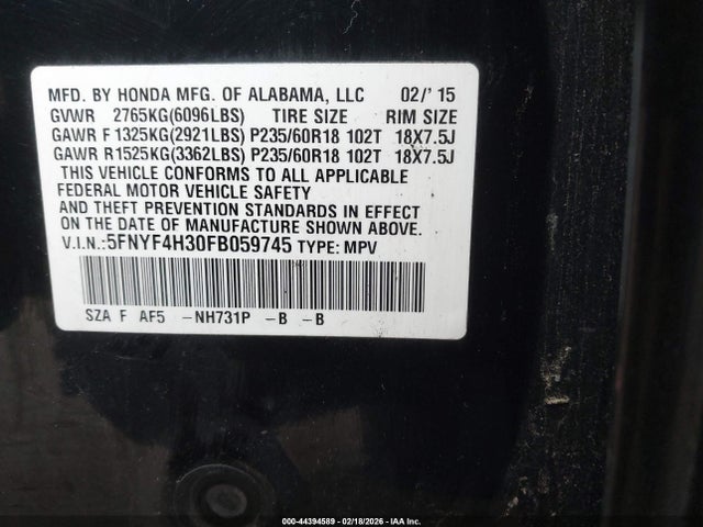 Honda PILOT SE 2015 5FNYF4H30FB059745 Image 8