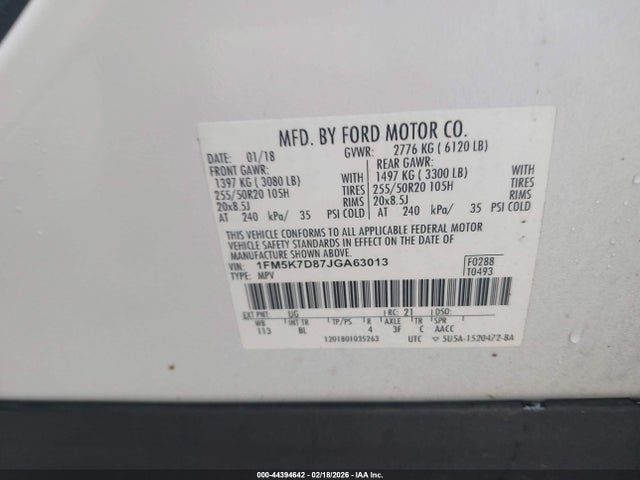 1FM5K7D87JGA63013 Ford EXPLORER XLT