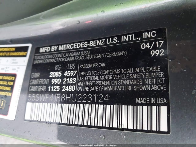 Продаж на аукціоні авто 2017 Mercedes-benz C 300, vin: 55SWF4JB8HU223124, номер лоту: 44394647