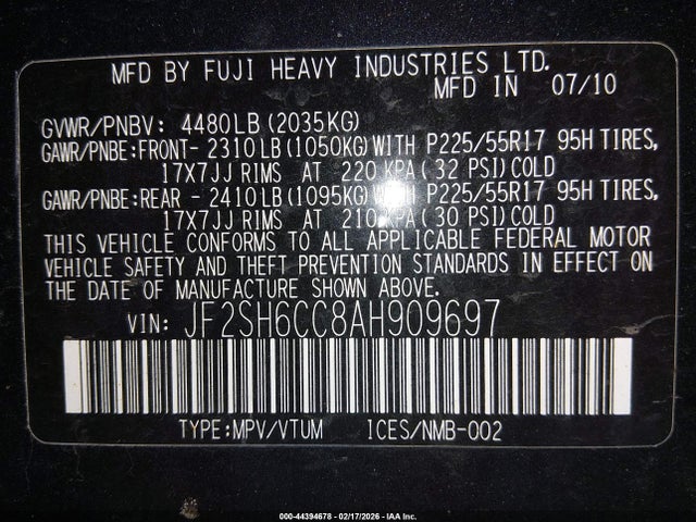44394678 :رقم المزاد ، JF2SH6CC8AH909697 vin ، 2010 Subaru Forester 2.5x Premium مزاد بيع