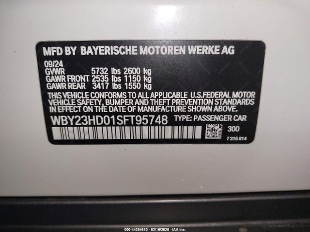 Aukcja sprzedaży 2025 Bmw I4 Gran Coupe Edrive40, vin: WBY23HD01SFT95748, numer aukcji: 44394680