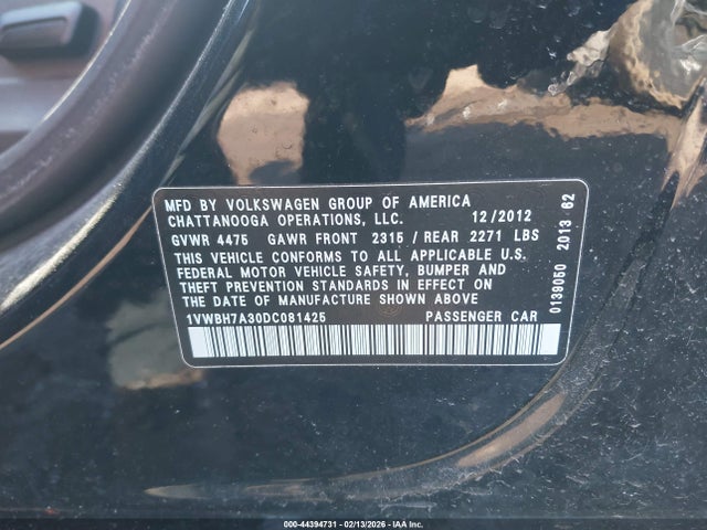 44394731 :رقم المزاد ، 1VWBH7A30DC081425 vin ، 2013 Volkswagen Passat 2.5l Se مزاد بيع