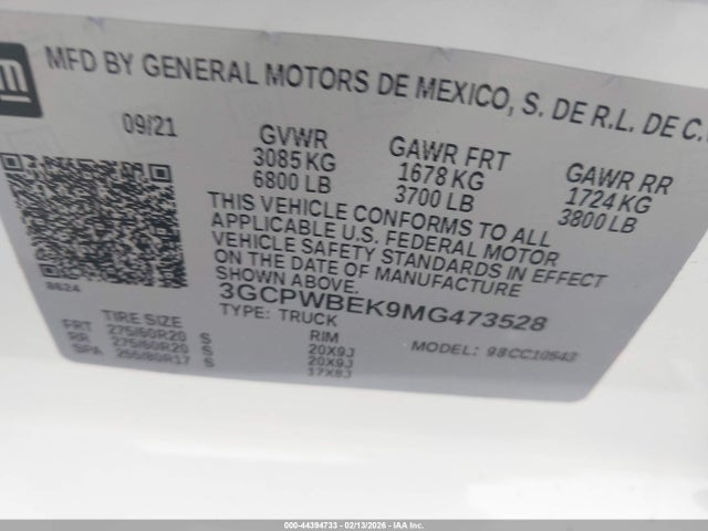 Продажа на аукционе авто 2021 Chevrolet Silverado 1500 2wd  Short Bed Custom, vin: 3GCPWBEK9MG473528, номер лота: 44394733