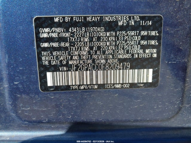JF2GPACC0F8209479 Subaru Xv Crosstrek 2.0i Premium
