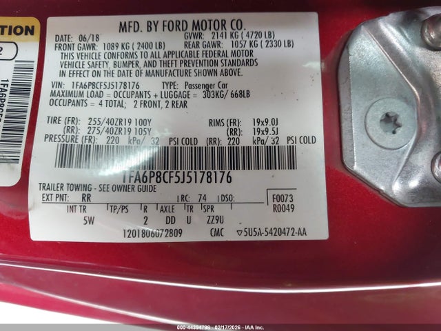 44394798 :رقم المزاد ، 1FA6P8CF5J5178176 vin ، 2018 Ford Mustang Gt Premium مزاد بيع