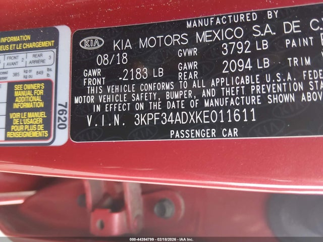 Продажа на аукционе авто 2019 Kia Forte S, vin: 3KPF34ADXKE011611, номер лота: 44394799