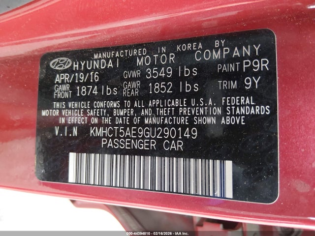 KMHCT5AE9GU290149 Hyundai ACCENT SE