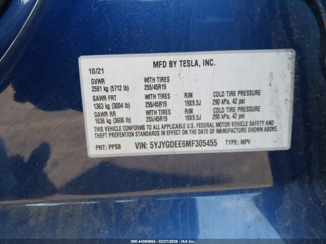 Aukcja sprzedaży 2021 Tesla Model Y Long Range Dual Motor All-wheel Drive, vin: 5YJYGDEE6MF305455, numer aukcji: 44394864