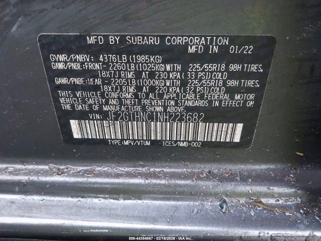Auction sale of the 2022 Subaru Crosstrek Limited, vin: JF2GTHNC1NH223682, lot number: 44394867
