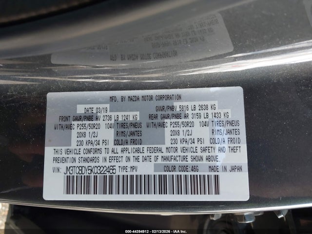 Продажа на аукционе авто 2019 Mazda Cx-9 Grand Touring, vin: JM3TCBDY5K0322465, номер лота: 44394912
