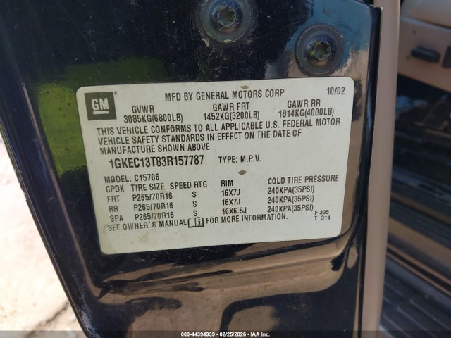 44394939 :رقم المزاد ، 1GKEC13T83R157787 vin ، 2003 Gmc Yukon Slt مزاد بيع