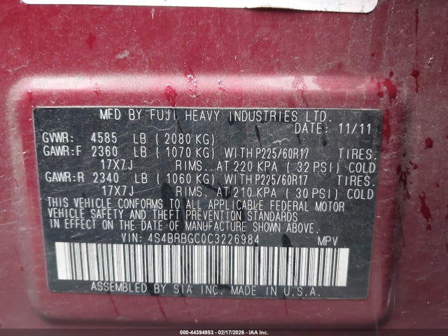 Продаж на аукціоні авто 2012 Subaru Outback 2.5i Premium, vin: 4S4BRBGC0C3226984, номер лоту: 44394953