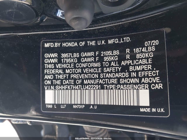 SHHFK7H47LU422291 Honda Civic Sport