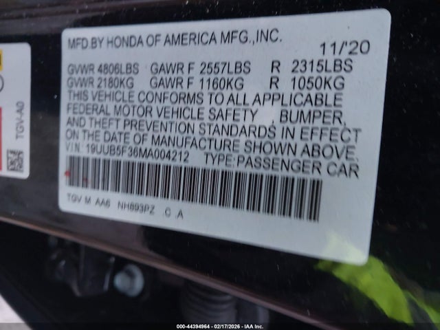 Продаж на аукціоні авто 2021 Acura Tlx Standard, vin: 19UUB5F36MA004212, номер лоту: 44394964